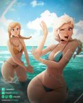  anna_(frozen) bikini bikini_bottom bikini_top blonde_hair choker clothed disney elsa frozen_(movie) kittypuddin_(artist) outside pigtails ponytail sisters splashing water 
