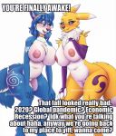  1girl 2020 5_fingers anthro armwear big_breasts blue_eyes blue_hair blush breasts canid canine chest_tuft clothing conditional_dnp crossover dialogue digimon digimon_(species) digital_media_(artwork) dipstick_ears duo english_text eyebrows eyelashes fingers fox furry genitals hair high_res huge_breasts inner_ear_fluff krystal looking_at_viewer mammal meme multicolored_ears navel nintendo open_mouth pussy renamon simple_background slightly_chubby star_fox tailband talking_to_viewer text thick_thighs tuft video_games whisperfoot white_background 