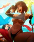  1girl avatar:_the_last_airbender blue_eyes clothed crop_top kittypuddin korra open_mouth outside panties short_hair short_top smile the_legend_of_korra underboob 