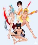  1girl 4girls asmo ass black_bow black_eyes black_hair blake_belladonna blonde blue_eyes blue_hair bow breasts completely_nude high_resolution highlights looking_at_viewer multiple_girls nipples nude purple_eyes pussy rapier red_highlights ruby_rose rwby scythe sword weapon weiss_schnee yang_xiao_long yellow_eyes 