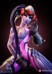  1girl blue_skin breasts breasts breasts cosplay fireboxstudio gloves index_finger_raised latex long_hair looking_at_viewer nipples overwatch ponytail smile undressing widowmaker 