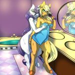  2girls anthro anthrofied applejack avante92 bath bathroom blonde_hair blue_eyes blush breasts brush dripping duo earth_pony equine freckles friendship_is_magic furry green_eyes hair hairbrush hand_on_breast high_res hooves horn horse hugging mammal mirror my_little_pony nipples nude pony purple_hair rarity romantic_couple sink standing thick_thighs towel unicorn voluptuous water wet wide_hips yuri 