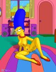  2018 3_fingers bedroom_eyes black_eyes blue_hair breasts couch door eyelashes female footwear hair human human_only legs_apart living_room marge_simpson milf mom mommy necklace nipples nude parent pubes pubic_hair pussy sexy sexy_body shoes smile sofa the_simpsons thighs vagina yellow_skin 