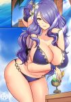  1girl 1girl 1girl ass belly bent_over big_breasts big_breasts bikini breasts camilla_(fire_emblem) chubby cleavage female_only fire_emblem glass hair_over_one_eye holding huge_breasts large_ass long_hair looking_at_viewer nintendo outside purple_eyes purple_hair revolverwingstudios text thick_thighs watermark wide_hips 