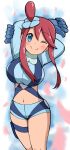 1girl big_breasts blue_eyes breasts creatures_(company) emapippi game_freak high_res nintendo pokemon pokemon_bw pouch red_hair skyla_(pokemon) thigh_pouch