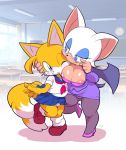  1girl anthro bat black_nose blush canine clothed clothing crossdressing duo eyewear fox furry glasses male mammal membranous_wings miles_&quot;tails&quot;_prower nipples rouge_the_bat school_uniform sega teacher uniform wardrobe_malfunction wince wings woory_tama 