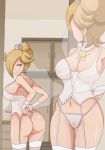  1girl alluring ass big_breasts blonde blonde_hair blue_eyes breasts cleavage female female_human female_only female_pubic_hair garter_straps hair_over_one_eye indoors lingerie mirror mirrors mostly_nude panties princess_rosalina pubic_hair rosalina royalty see-through_panties shablagooo solo standing stockings super_mario_bros. 