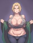  1girl amber_eyes areola bare_shoulders belly big_breasts blond blond_hair blonde blonde_hair blush breasts cleavage clothing erect_nipples erect_nipples_under_clothes eyebrows eyelashes female female_only forehead_mark gold_eyes golden_eyes hair_tie hands huge_breasts hypnotized lips looking_at_viewer metal_owl mind_control naruto navel neck nipples pubic_hair shoulders solo solo_female standing tsunade undressing wet_pussy 