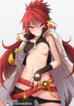  1girl archway_of_venus asymmetrical_clothes asymmetrical_gloves belt black_gloves blazing_heart_(elsword) blush breast_slip breasts breasts_apart chain cowboy_shot elesis_(elsword) elsword eyebrows_visible_through_hair eyes_visible_through_hair fingerless_gloves gloves gluteal_fold grin hair_between_eyes long_hair looking_at_viewer medium_breasts navel nipples one_breast_out_of_clothes pants_pull parted_lips patreon_username pussy red_eyes red_hair simple_background single_pantsleg smile spiky_hair v-shaped_eyebrows waero white_background 