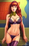  1girl bra daphne_blake female female_only hairband looking_at_viewer martaino martaino_(artist) mystery_machine panties red_hair redhead scooby-doo solo_female standing stockings thighs 