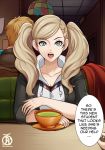  1girl ann_takamaki blonde_hair blue_eyes dialogue english_text human looking_at_viewer male_pov open_mouth persona_5 pov revolverwingstudios speech_bubble text twin_tails 