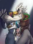  2017 absurdres against_wall anthro avian beak bird black_feathers blush breath_of_the_wild clothed clothing digital_media_(artwork) drako1997 drooling duo erection eye_contact feathers frottage green_eyes hand_holding handjob highres humanoid_penis looking_at_another male male/male muscular muscular_male nintendo nude open_mouth partially_clothed penis precum revali rito saliva scarf sex simple_background smile standing teba_(zelda) testicles the_legend_of_zelda tongue tongue_out video_games white_feathers wings yellow_eyes 