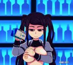 1girl alcohol bar bard-bot black_hair breast_fondling breast_grab breasts breasts_out_of_clothes brown_eyes drink female female_only gif groping julianne_stingray lewd light-skinned_female light_skin long_hair looking_at_viewer medium_breasts nipples pouring_on_self rubbing self_fondle shelf signature smile solo tied_hair topless twin_tails va-11_hall-a very_long_hair wet