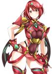 1girl alluring armor ass bangs big_breasts bodysuit gloves hair_ornament hand_on_hip homura_(xenoblade_2) hotpants pyra red_eyes red_hair short_hair thigh_high_boots xenoblade xenoblade_(series) xenoblade_chronicles_2
