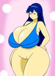 1girl bare_shoulders belly blue_eyes blue_hair bottomless breasts cleavage edit female_only fire_emblem fire_emblem:_awakening gigantic_breasts huge_breasts human igphhangout lingerie long_hair lucina midriff navel nintendo no_panties photoshop pussy standing thick_thighs wide_hips