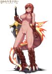  1girl 1girl 1girl abs artist_name blush breasts clavicle claws cleavage commission cowfee dark_skin eyepatch fiery_tail fire full_body head_fins high_resolution huge_weapon lizard_tail long_hair looking_at_viewer medium_breasts monster_girl monster_girl_encyclopedia navel nipples nude parted_lips paws pussy red_eyes red_hair salamander_(monster_girl_encyclopedia) scales scar simple_background smile standing sword tail uncensored weapon white_background 