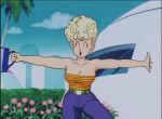  2d 2d_animation animated animated_gif anime cleavage dragon_ball dragon_ball_z flowers gif jeans panchy_briefs spinning watering_can 
