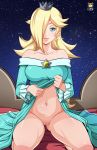 1girl clothed crown dress dress_lift female hair_over_one_eye hairless_pussy kyoffie looking_at_viewer no_panties princess_rosalina pussy super_mario_bros.