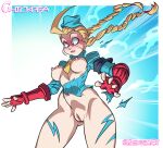 1girl 2020 blonde_hair blue_background blue_hat blush breasts cammy_white capcom chickpea colored embarrassed exposed_breasts exposed_pussy female_only fingerless_gloves gloves legs light-skinned_female nipples no_pants no_pubic_hair perky_breasts ponytail pussy simple_background solo_female street_fighter thighs torn_clothes uncensored