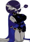  1girl anthro ashraely big_breasts cape clothed cosplay dc dc_comics eye_contact female female_only gardevoir grey_skin hair_over_one_eye leotard looking_at_viewer nintendo pokemon pokemon_rse purple_hair raven_(cosplay) raven_(dc) solo solo_female speech_bubble teen_titans text thick_thighs thighs white_background 