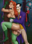  1boy 2girls ass batman_(series) cheating dc dc_comics from_behind gloves harley_quinn nihaotomita partially_clothed poison_ivy red_hair redhead sex sideboob the_joker torn_clothes 