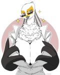  1girl 1girl 2018 aggressive_retsuko anthro avian beauty_mark big_breasts bird breasts chest_tuft cleavage clothed clothing eyelashes furry giaba half-closed_eyes looking_at_viewer one_eye_closed sanrio secretary_bird shirt small_head smile tuft two_tone_background washimi 