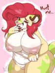  1girl 1girl anthro apes big_breasts bottomless breasts clothed clothing cougar english_text eyelashes feline flashing furry high_res huge_breasts looking_at_viewer mammal nipples overweight overweight_female pussy smile text thick_thighs tongue tongue_out voluptuous 