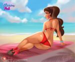 1_girl 1girl alluring ass beach bikini disney elena_castillo_flores elena_of_avalor female female_only glamourpink high_heels legs mostly_nude ocean outdoor outside posing princess_elena red_bikini solo