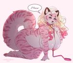  1girl 1girl 2020 all_fours anthro bell bell_collar belly big_belly big_breasts blonde_hair blue_eyes breasts collar curvy_figure dialogue felid fur furry hair half-closed_eyes hanging_breasts high_res highlights_(coloring) huge_breasts leash long_hair looking_at_viewer mammal marzipan_(spottedtigress) multicolored_body multicolored_fur narrowed_eyes nipples nude overweight overweight_anthro overweight_female pantherine pawpads pink_background pink_body pink_fur pink_highlights seductive signature simple_background speech_bubble spottedtigress striped_body striped_fur stripes text thick_thighs tiger voluptuous white_body white_fur 