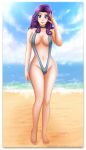 1_girl 1girl 2020 abigail_(stardew_valley) alluring beach blush breasts female female_only full_body looking_at_viewer necklace purple_hair shadako26 sling_bikini smile solo solo_female standing stardew_valley swimsuit wide_hips