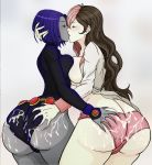 2_girls ass ass_grab back breasts brown_hair butt_crack closed_eyes crossover cum cum_on_ass dat_ass dc_comics female_only french_kiss grey_skin large_ass long_hair multi-colored_hair multiple_girls neo_(rwby) neopolitan panties pink_hair pink_panties purple_hair raven_(dc) rwby short_hair teen_titans thick_thighs underwear wet wide_hips yuri