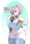  &lt;3 + 1girl alternate_species anthro areola armwear arnachy belly blue_eyes blush breasts canine clothing collar cuddling deep_navel dialogue diamond_dog_(mlp) digital_media_(artwork) dog english_text friendship_is_magic fur furry hair hugging larger_female legwear mammal my_little_pony navel nipples nude nurse_redheart_(mlp) open_mouth pink_hair pussy size_difference slightly_chubby stockings text thick_thighs thigh_squish url voluptuous white_fur wide_hips 