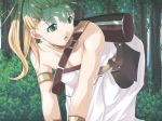  all_fours armband bag blonde_hair blue_eyes breasts choker chrono_(series) chrono_trigger cleavage crawling forest looking_back luggage marle nature no_bra open_mouth ponytail reason reason_(artist) robe satchel solo strap topless tree 