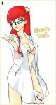  1girl bespectacled border bra female female_human female_only glasses human johnny_test labcoat mostly_nude open_labcoat panties rectangular_eyewear red_hair solo standing susan_test unbuttoned underwear white_background 