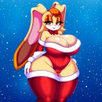  1girl ai_generated armwear big_breasts blue_background bow christmas christmas_outfit female_focus furry furry_female gloves milf santa_costume seductive_smile sega snow sonic_the_hedgehog_(series) stockings thick_thighs vanilla_the_rabbit wide_hips 