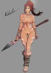  1girl 1girl 1girl areola belsen big_breasts bodypaint boots breasts brown_hair character_name dark_skin green_eyes jewelry league_of_legends long_hair looking_at_viewer midriff navel necklace nidalee nipples nude pixiv_id_11138699 polearm ponytail pubic_hair pussy riot_games spear standing tied_hair weapon 