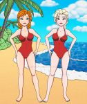  2_girls 2girls anna_(frozen) beach blonde blonde_hair braid braided_hair breasts elsa elsa_(frozen) female female_only frozen_(movie) long_blonde_hair long_hair looking_at_viewer mostly_nude one-piece_swimsuit outdoor outside red_hair red_swimsuit redhead royalty siblings sisters standing swimsuit 