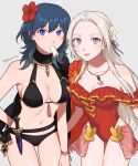 2_girls alluring alternate_costume bikini black_bikini black_swimsuit blue_eyes breasts byleth_(fire_emblem) byleth_(fire_emblem)_(female) byleth_(summer)_(fire_emblem)_(female) cape cleavage edelgard_von_hresvelg edelgard_von_hresvelg_(summer) female_only fire_emblem fire_emblem:_three_houses fire_emblem_heroes flower food frilled_swimsuit frills hair_flower hair_ornament high_res jewelry long_hair looking_at_viewer medium_hair multiple_girls necklace official_alternate_costume one-piece_swimsuit peach11_01 popsicle popsicle_in_mouth purple_eyes red_one-piece_swimsuit red_swimsuit smile swimsuit teal_hair white_hair