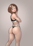  1girl 1girl 1girl ass back bare_arms bare_shoulders blacked_underwear blackingyourwaifu bra brown_eyes brown_hair curvaceous dat_ass eyebrows hips huge_ass legs looking_back my_hero_academia open_mouth panties posterior_cleavage short_hair simple_background standing surprised thick_thighs thighs underwear uraraka_ochako wide_hips 