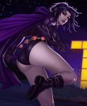 1girl ass black_hair boots breasts cape cleavage clothed dc_comics evulchibi female female_only gloves grey_skin leotard looking_back purple_lipstick raven_(dc) solo superheroine teen_titans