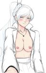 1girl blue_eyes blush breasts hair_between_eyes high_resolution jewelry long_hair looking_at_viewer medium_breasts necklace nipples no_bra open_clothes outstretched_arm raspberrycreampie rwby scar scar_across_eye sketch skirt smile sweat weiss_schnee white_background white_hair