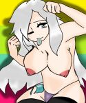  arms_up big_breasts black_stockings condom_in_mouth condom_wrapper green_eyes looking_at_viewer original_character purple_panties saliva_trail seductive_eyes seductive_gaze white_hair wide_hips wink 