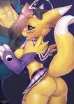  1girl 2018 anthro ass black_nose blue_eyes breasts clothing crossover cum digimon duo erection fur furry highres lucario male male/female nintendo open_mouth orgasm penis pok&eacute;mon_(species) pokemon renamon sideboob tawni_tailwind testicles tongue tongue_out video_games white_fur yellow_fur 