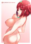 1girl alluring areola ass bangs bare_shoulders big_breasts blush breasts breasts_apart earrings half-closed_eyes heroine homura_(xenoblade_2) in_profile inverted_nipples jewelry lips looking_at_viewer nipples nude puffy_areolae pyra red_eyes red_hair short_hair smile swept_bangs tiara tofuubear watermark xenoblade_(series) xenoblade_chronicles_2
