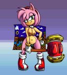  1girl amy_rose areola bedroom_eyes boots bracelet breasts clitoris gloves green_eyes hairband hedgehog mostly_nude navel nipples piko_piko_hammer pose pussy sassy sega smile soubriquetrouge twindrills 