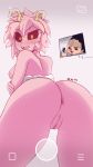  1girl 1girl anus ashido_mina ass blood blush breasts hair high_resolution horn human looking_at_viewer low-angle_view male my_hero_academia nipples nude open_mouth pink_body pink_hair pussy raydio selfpic simple_background snapchat standing wet 