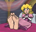  1girl 1girl ankle_cuffs barefoot bed blonde_hair blush bound clothed clothing earrings feet handcuffs jewelry nintendo princess_peach red2870 soles super_mario_bros. tied toes video_games 