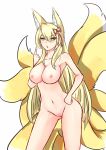  1girl 1girl 1girl animal_ears bangs big_breasts blonde bow breasts cowboy_shot fox_tail green_eyes hair_between_eyes hair_bow hair_ornament hair_ribbon hand_on_hip high_resolution kitsunemimi long_hair looking_at_viewer mon-musu_quest! multiple_tails nipples nude older potential_duplicate pussy ribbon sidelocks slit_pupils spoilers tail tamamo_(mon-musu_quest!) 