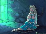 1girl ankle_cuffs blonde_hair braid breasts chains dress elsa elsa_(frozen) exposed_breasts female frozen_(movie) handcuffs kate_starling_(artist) neck_ring torn_dress 
