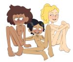 3_girls amphibia anne_boonchuy barefoot blush covered_nipples disney disney_channel disney_xd female_only full_body giggle hair_pin looking_at_each_other marcy_wu nude nude_female on_back ponytail pussy sasha_waybright short_hair sitting small_breasts thrumbo white_background